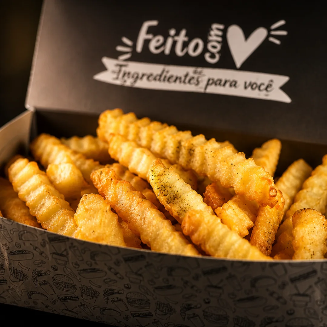 Porção de batatas fritas onduladas em embalagem para delivery
